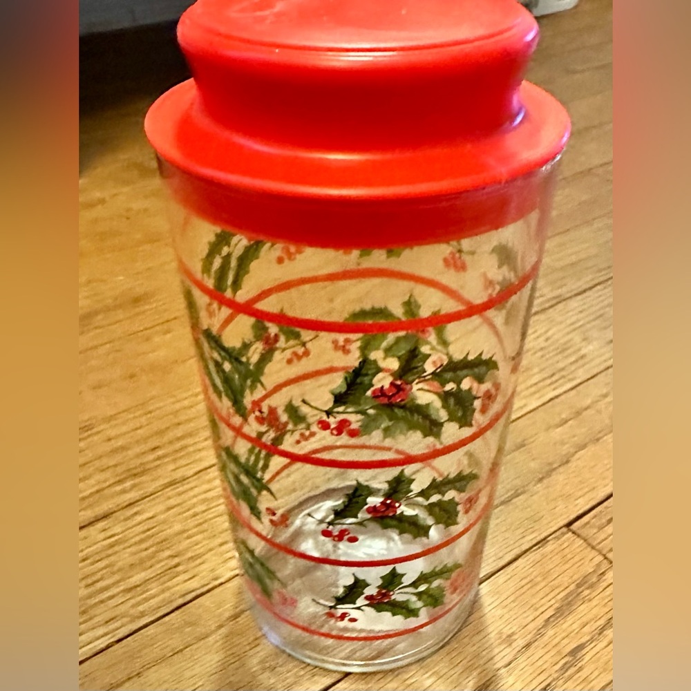 Vintage Indiana Glass Red Lid Holly Design Jar